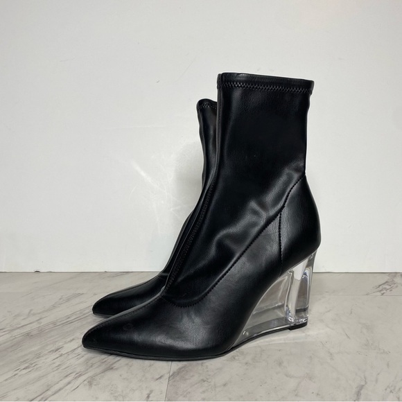 Open Edit Erika Black Faux Leather Pointy Toe Wedge Heel Bootie 7 1/2 M - Picture 16 of 16